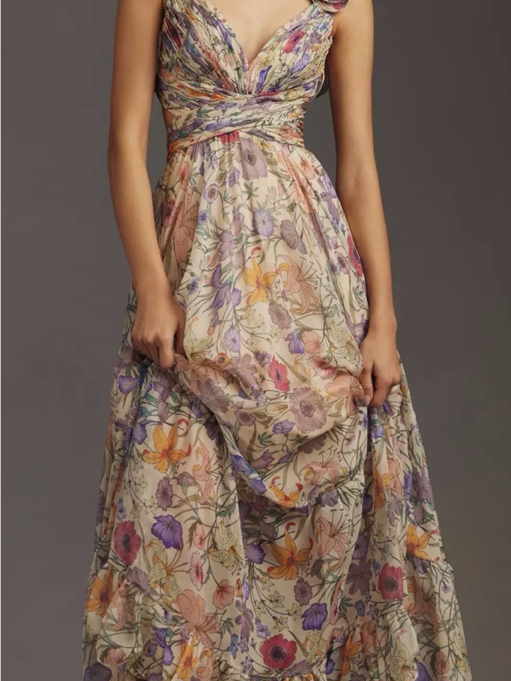 Mac Duggal Cream Floral Chiffon Maxi Dress with Pastel Blooms